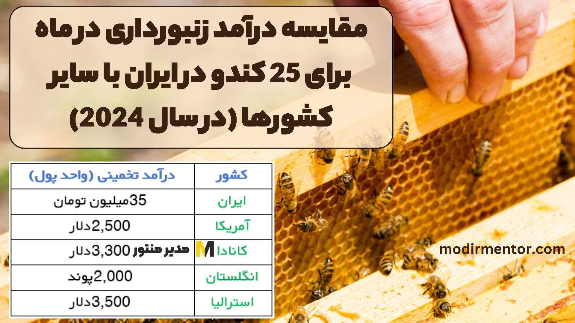 مقایسه درآمد زنبورداری در ماه برای 25 کندو در ایران با سایر کشورها (در سال 2024)