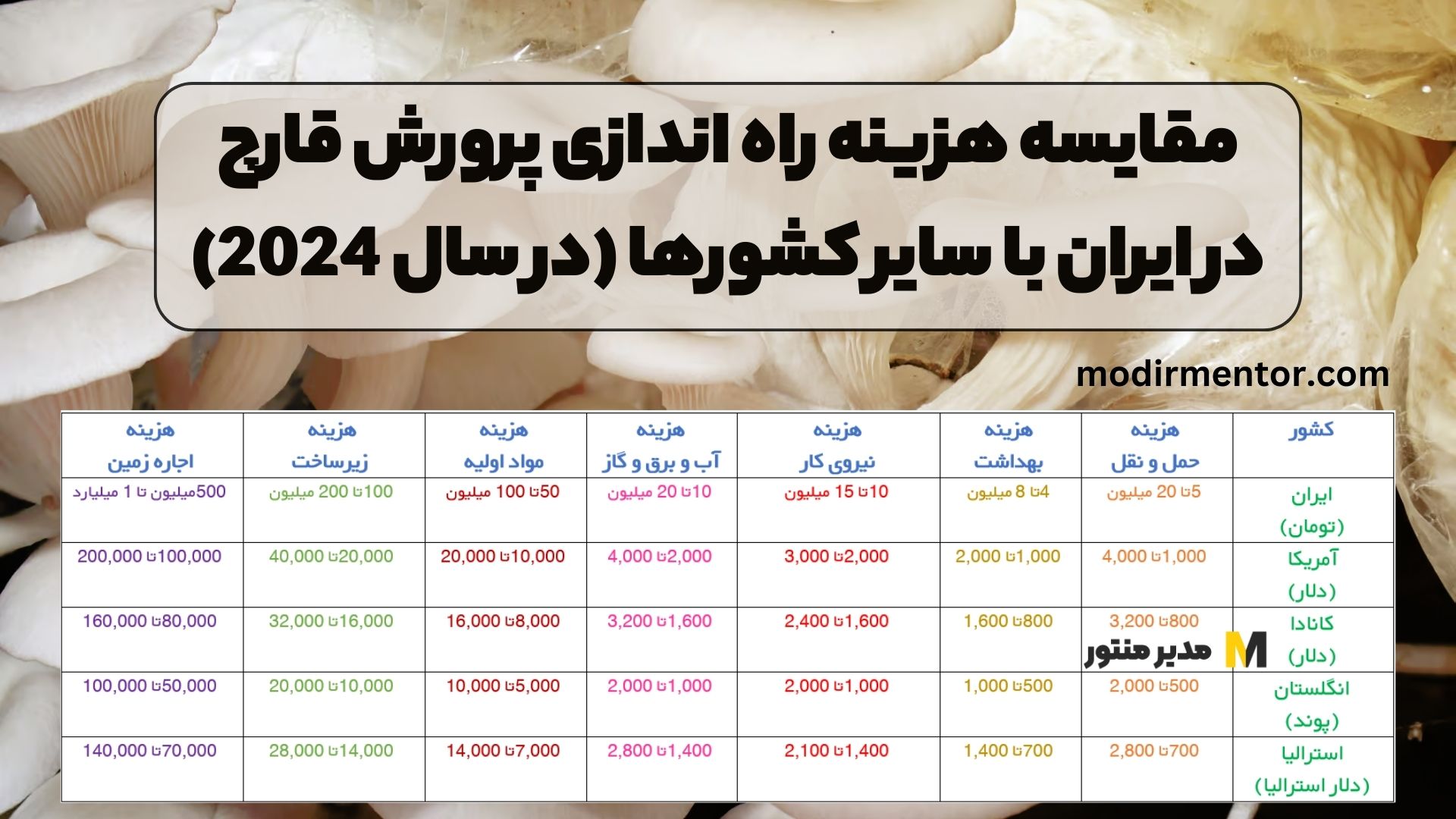 مقایسه هزینه راه اندازی پرورش قارچ در ایران با سایر کشورها (در سال 2024)