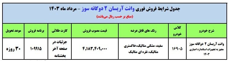 شرایط طرح فروش فوری وانت آریسان مرداد 1403: