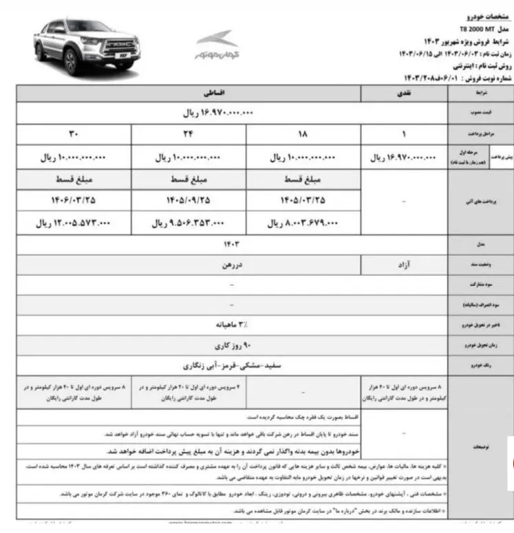 فروش قسطی 2 خودروی کرمان موتور از شنبه - 3 شهریور 1403