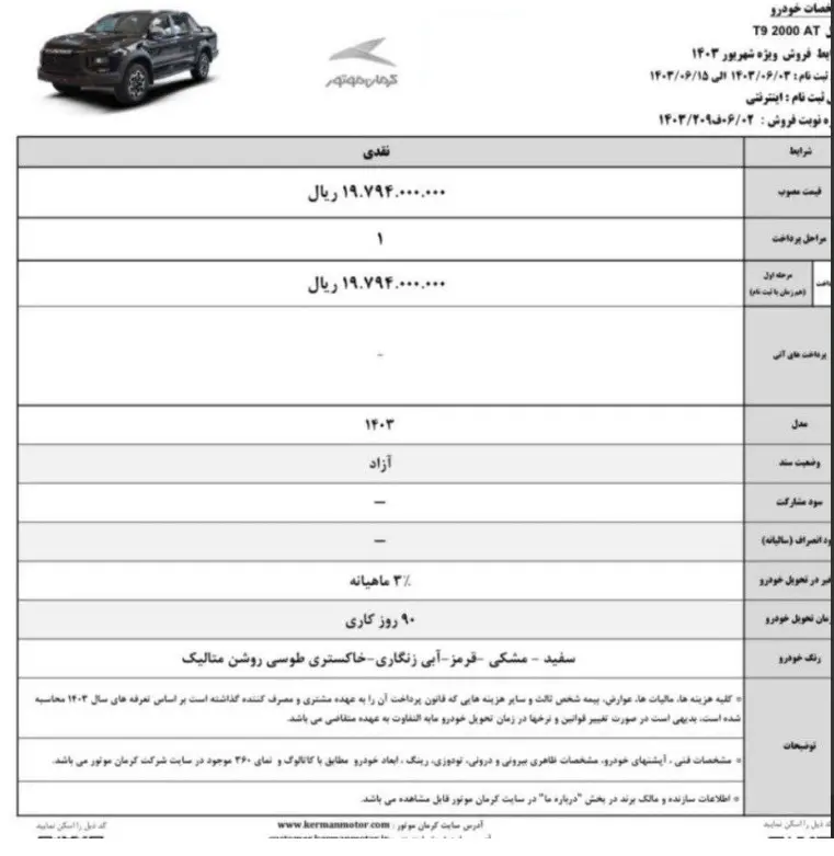 فروش قسطی 2 خودروی کرمان موتور از شنبه - 3 شهریور 1403