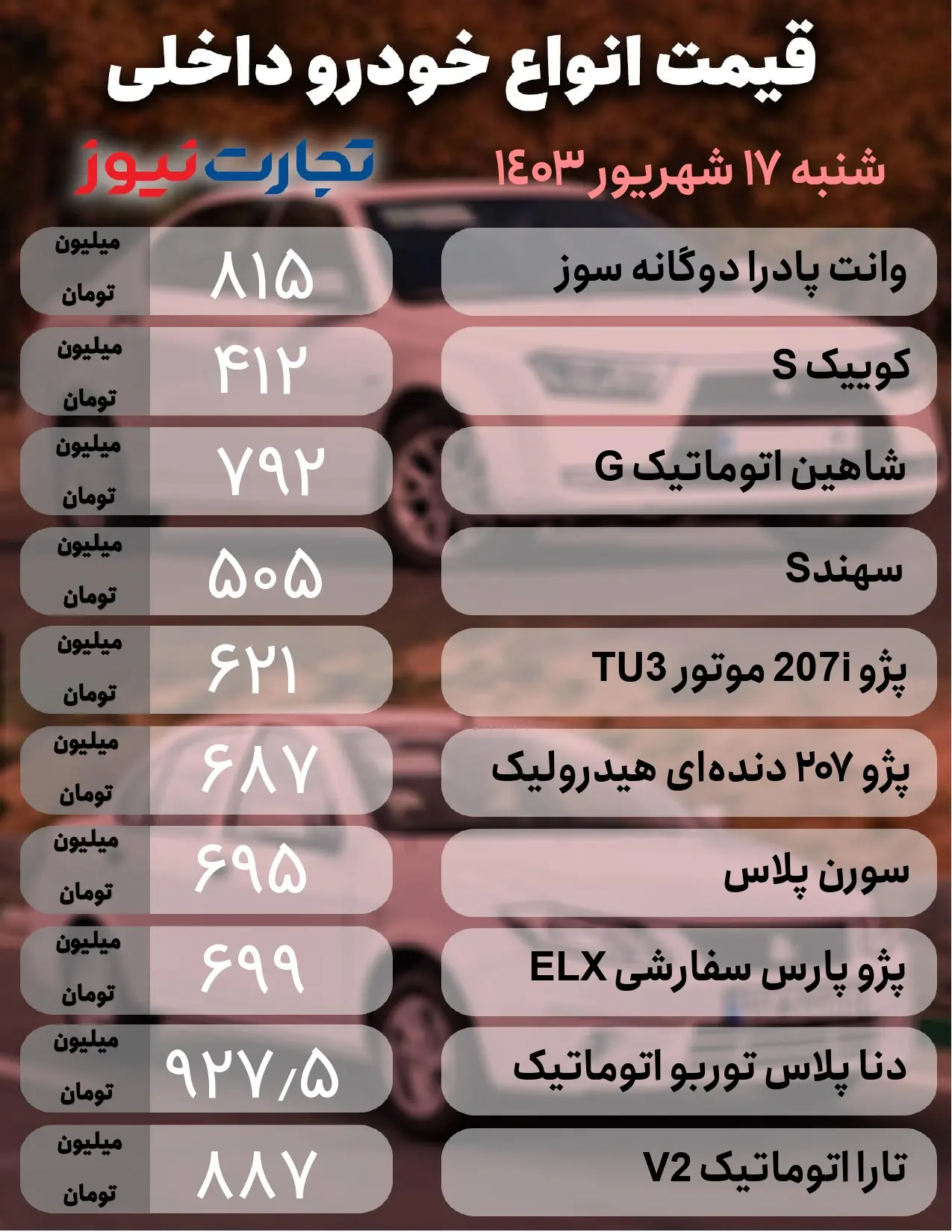 قیمت خودرو‌های داخلی