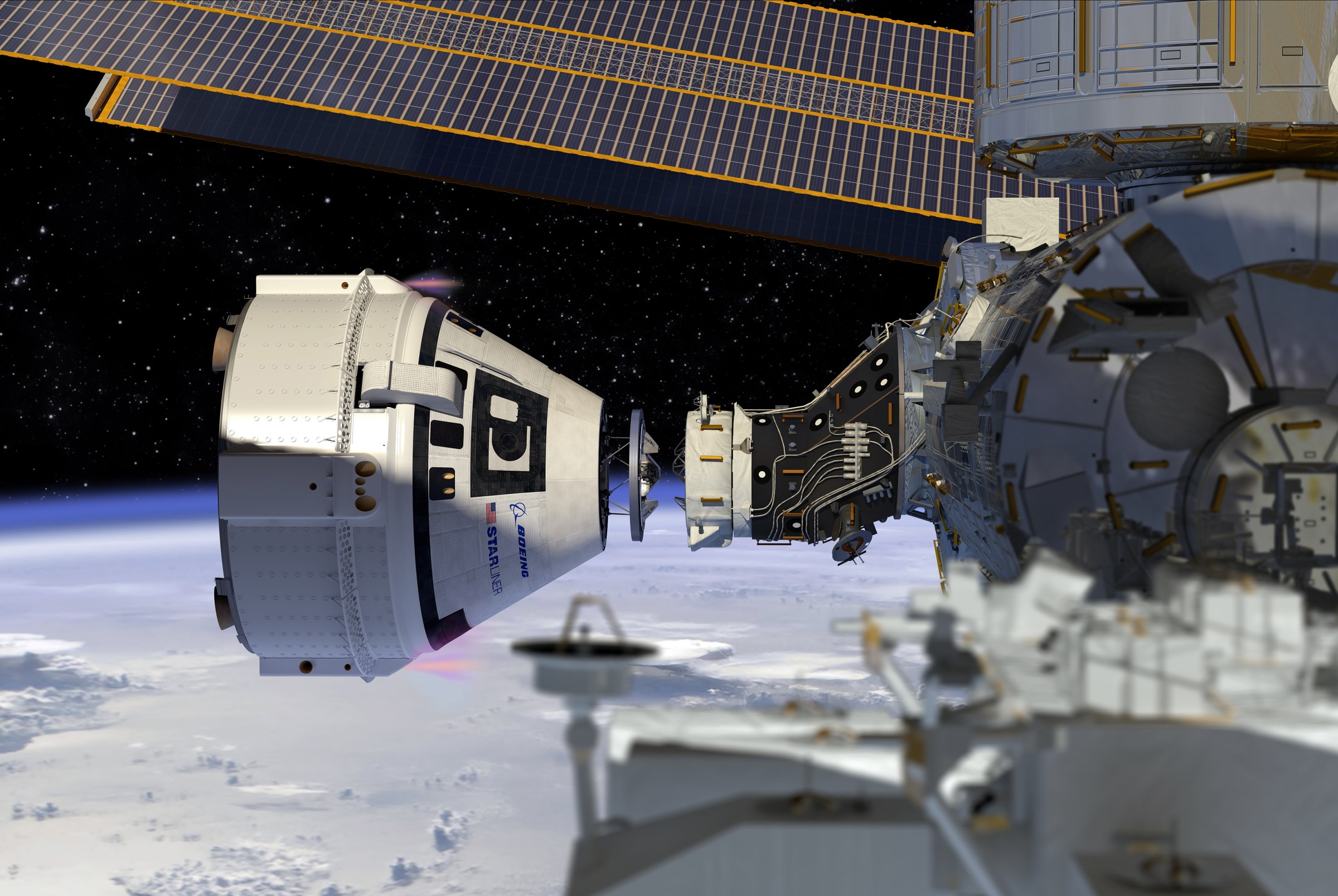 Boeing’s Starliner spacecraft next to the International Space Station.