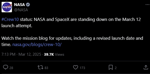 Tweet from @NASA: NASA and SpaceX are standing down on the March 12 launch attempt. Watch the mission blog for updates, including a revised launch date and time.