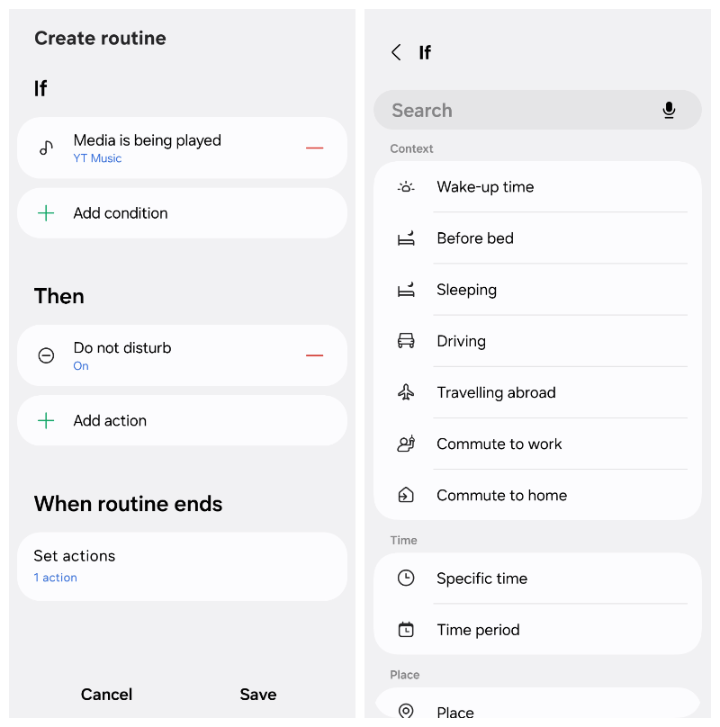 On the left, a screen with the words “Create routine” at the top and showing various If and Then possibilities. On the right, a list of “if” triggers.