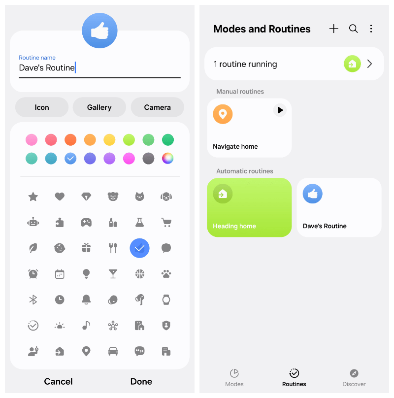 On the left, a routine called “Dave’s Routine” and a list of icons that can be used for the routine. On the right, Modes and Routines that are manual and automatic.